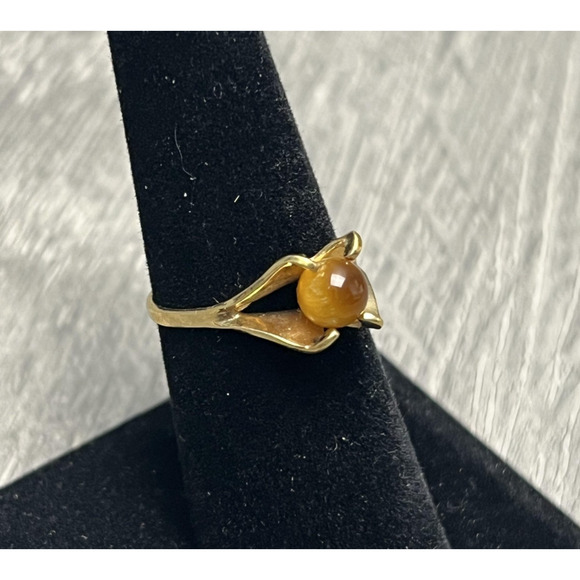 18K HGE Tigers Eye Cabochon Ring Yellow Gold Modern Bypass Design Fine Jewelry - Picture 3 of 6